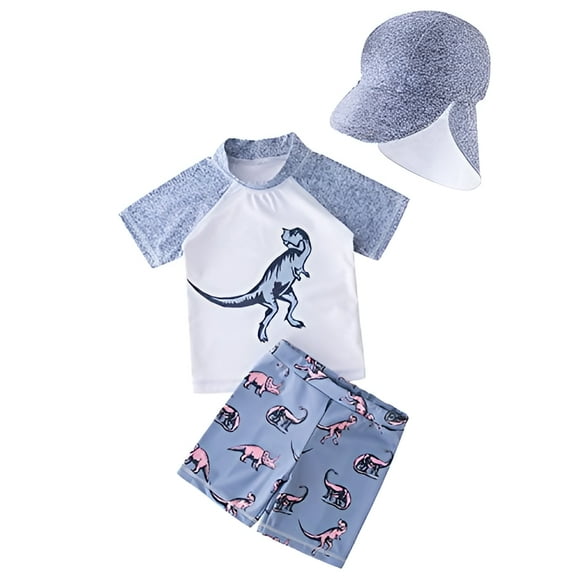 StylesILove Kid Boys Chic Graphic Rash Guard with Swim Hat 3pcs Swimsuit Pool Party Swimwear Beach Bathing Suit (Blue Dinosaur, 100/12-18 Months)