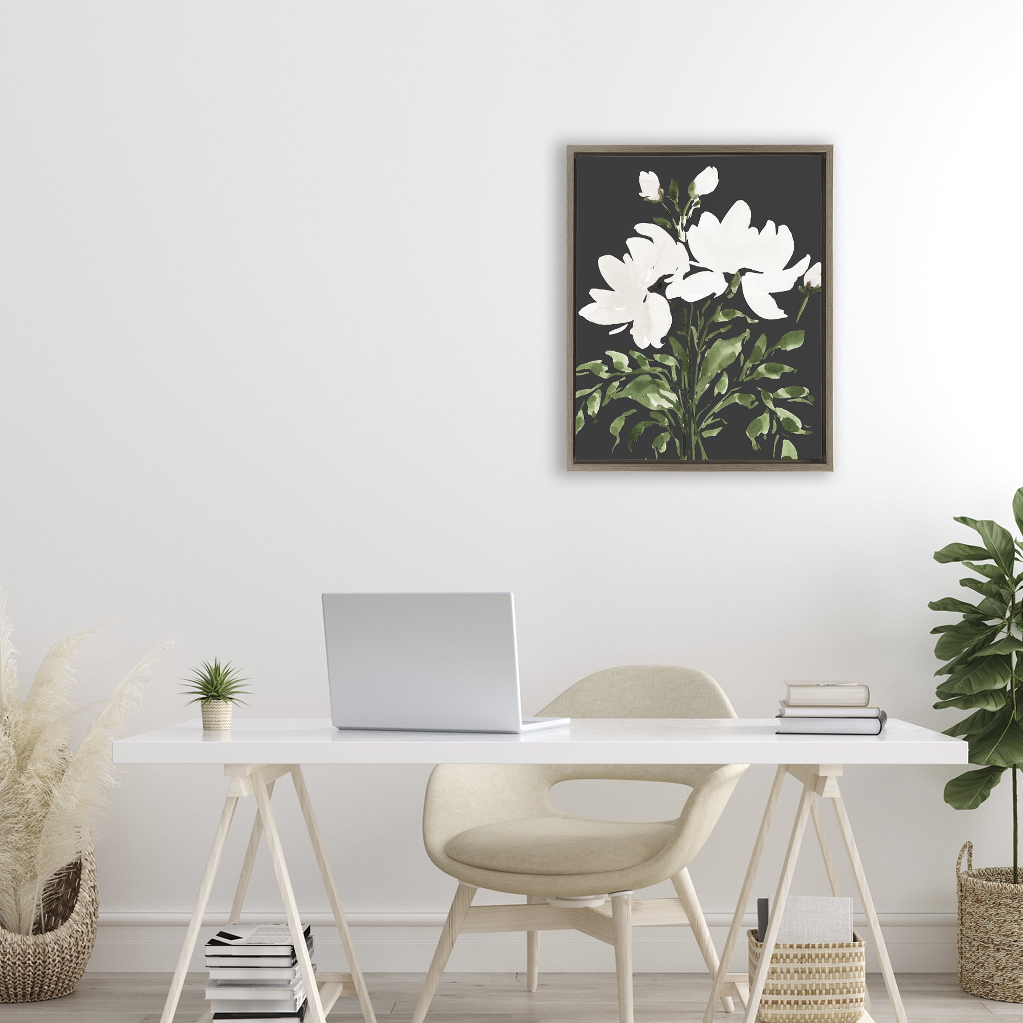 Stupell Industries White On Black Floral Brown Framed Floater Canvas Wall Art, design by Lucille Price