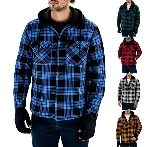 LWITHSZG Mens Shirt Jacket Thickened Warm Fleece Lined Plaid Shacket Casual Outerwear Fall Winter Fashion Long Sleeve Button Down Hoodie with Pockets