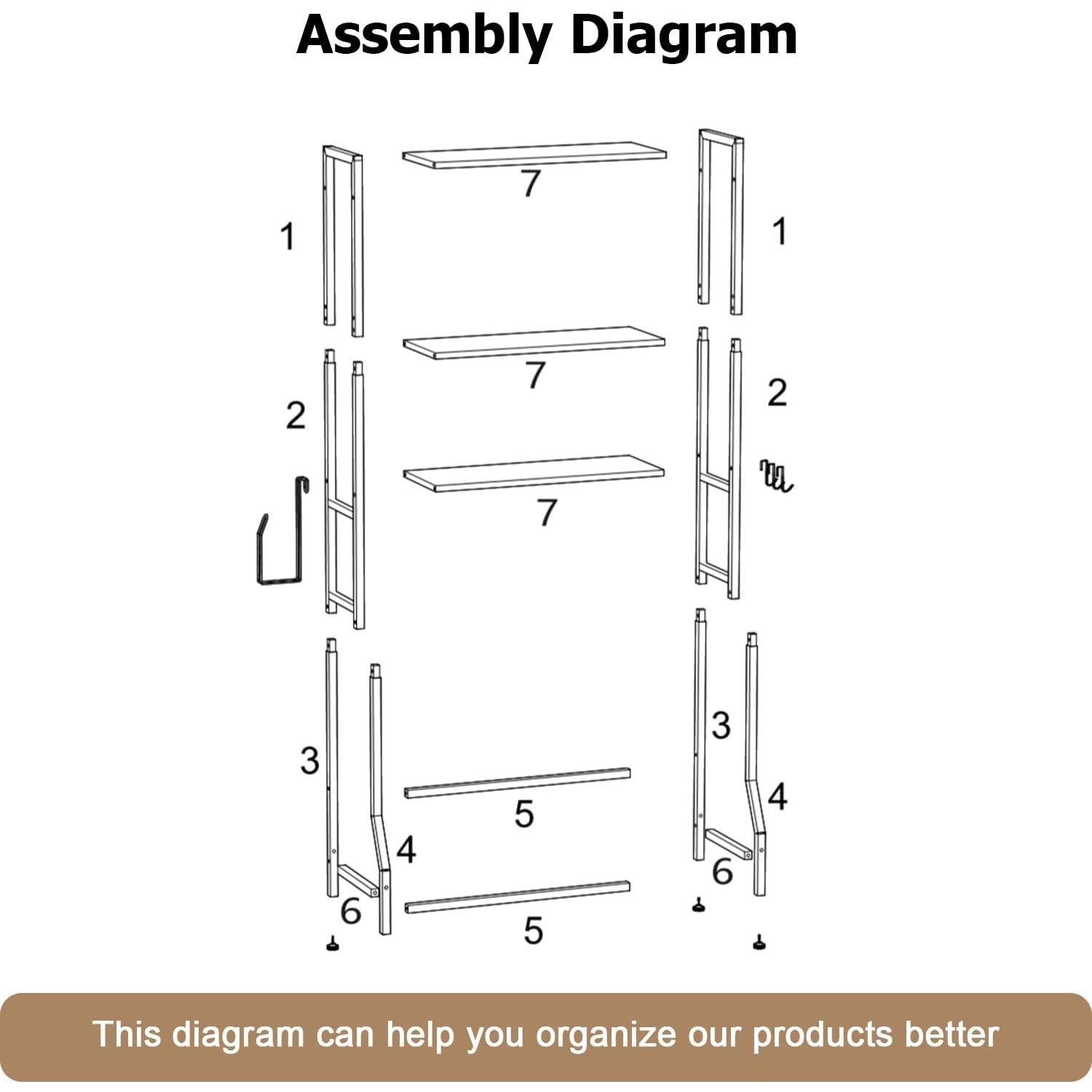 Over The Toilet Storage Shelf, 3-Tier Bathroom Organizer with Toilet Paper Holder and 3 Hooks, Freestanding Shelving for Restroom, Laundry, and Balcony,Brown