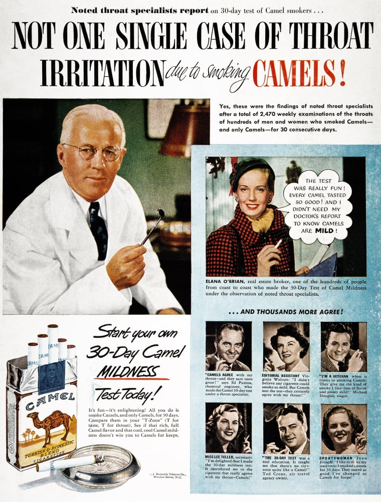 Camel Cigarette Ad, 1950. /N'Not One Single Case Of Throat Irritation
