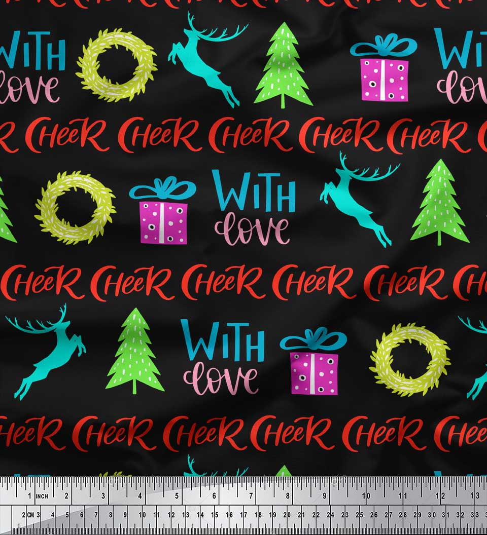 Soimoi Black Rayon Fabric Christmas Tree & Gift Text Printed Craft Fabric by the Yard 56 Inch Wide