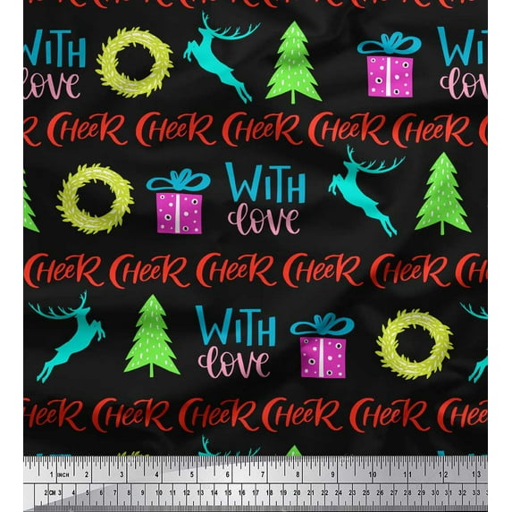 Soimoi Black Cotton Voile Fabric Christmas Tree & Gift Text Print Fabric by the Yard 56 Inch Wide