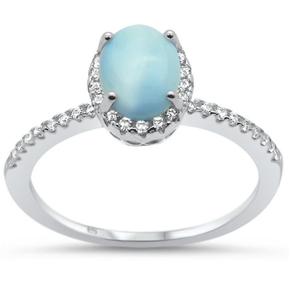 Halo Set Natural Larimar Clear CZ Classic Band Ring Sterling Silver Size 7