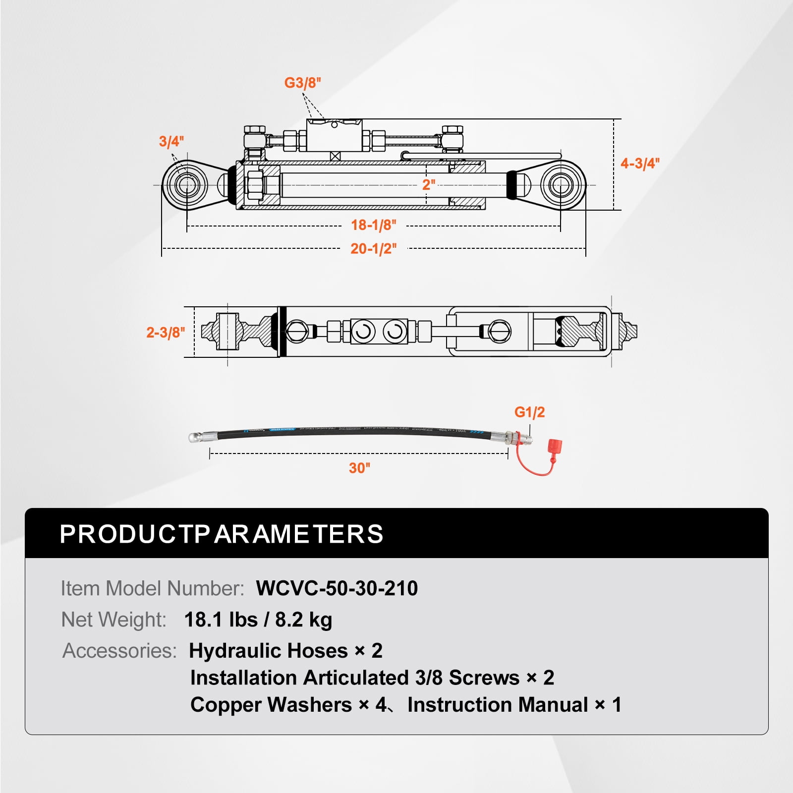 KFFKFF Hydraulic Adjustable Link Cat.1-1 (8.25 inches, 18.125~26.375 inches), Including Hydraulic Cylinder, 2 Hoses, & G3/8'' Valve