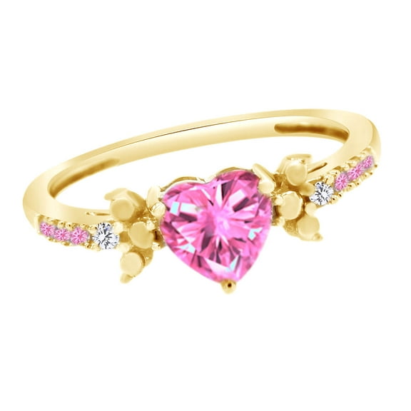 AFFY Simulated Pink Sapphire & White Natural Diamond Heart Ring In 10k Yellow Gold, Ring Size-4