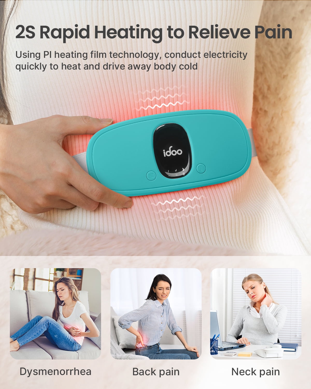iDOO Cordless Heating Pad for Period Cramps, 3 Heat Setting, 3 Massage Modes,Birthday Mothers Day Gifts for Girlfriend Mom Wife Women, FSA HSA Eligible, Cyan