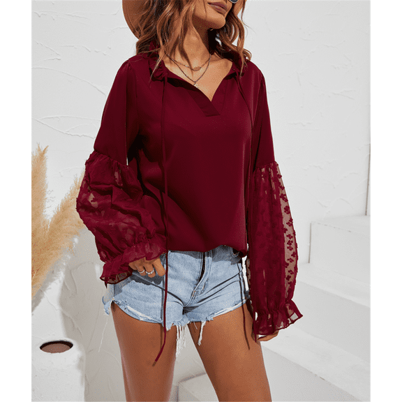 V Neck Drawstring Lantern Sleeve Floral Detail Peasant Blouse