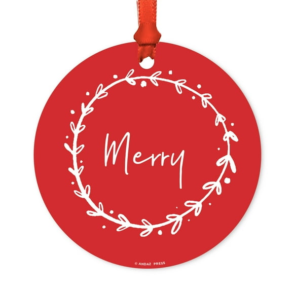 Elegant Scripted Calligraphy Round Metal Christmas Ornament, Merry, Includes Ribbon and Gift Bag
