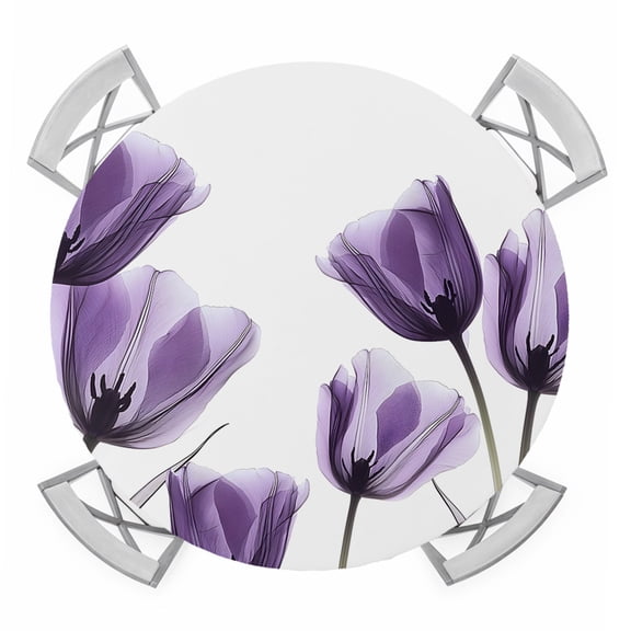 Purple Tulip Floral Round Tablecloth for 55-60 Inch Tables,Fitted Table Cover with Elastic Edge,Pastel Country White Wildflower Waterproof Outdoor Table Cloth Protector for Patio Garden Dinner Picnic