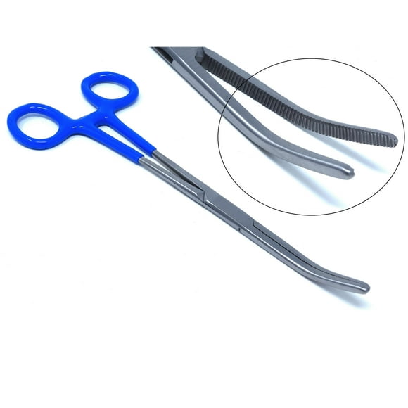 Stainless Steel Fishing Pliers Anglers Catch & Release Serrated Tool, Blue Vinyl Grip 8" Curved