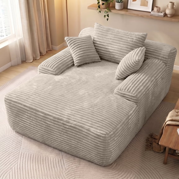 Oooh life Oversized Convertible Sofa Bed, 65 inch Chaise Lounge Chair with Armrests and Pillows, White Plush Upholstered Floor Sofa, No Assembly