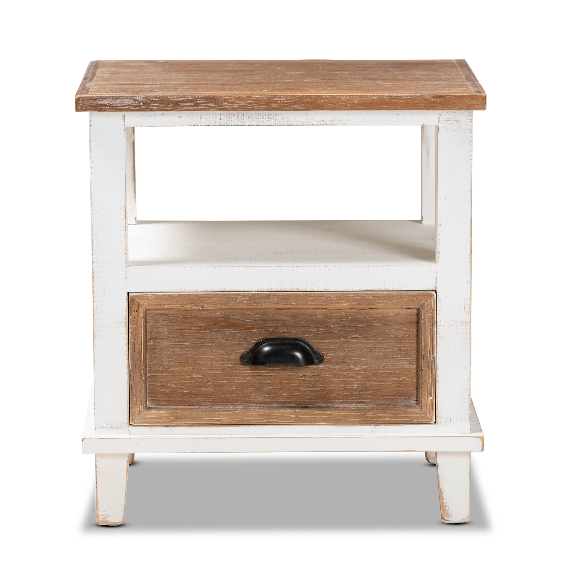 Baxton Studio Glynn Rustic Farmhouse Weathered Two-Tone White and Oak Brown Finished Wood 1-Drawer End Table