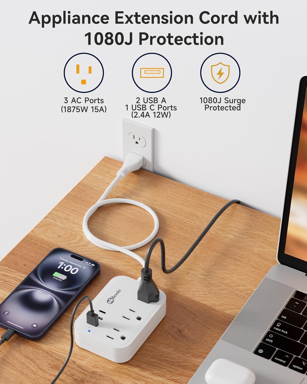 RGHJAR-Short Extension Cord 2 Foot - Small Surge Protector Appliance Power Strip, 14 Gauge Heavy Duty Extension Cord with 3 Outlets 3 USB, High Wattage for Microwave, Workbench, Kitchen, Garage Must