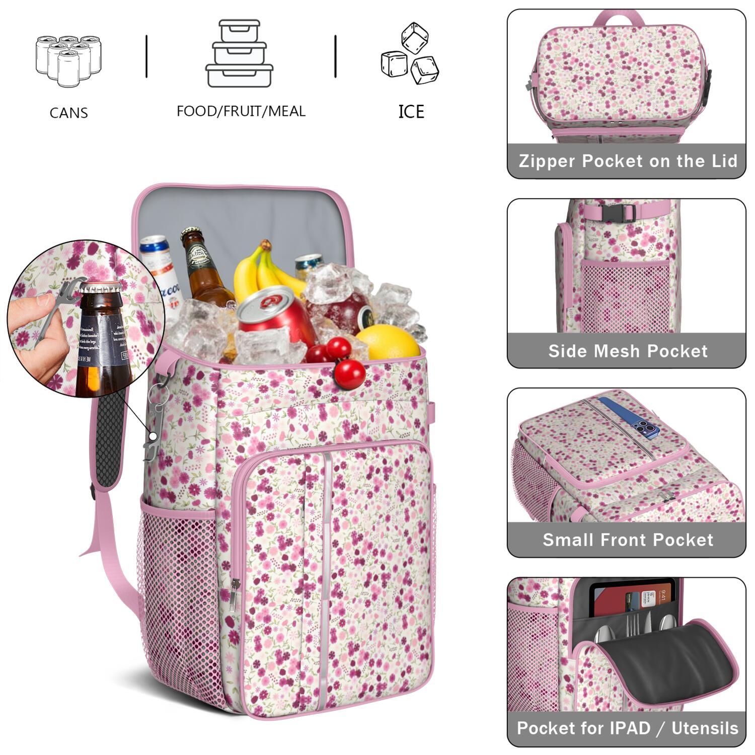 Travel Cooler Bag - Pioneer Flower Floral Print Pattern Camping Beer Cooler Backpack with Bottle Opener- Waterproof Insulated Picnic Backpacks - Cooler Bag for Beach