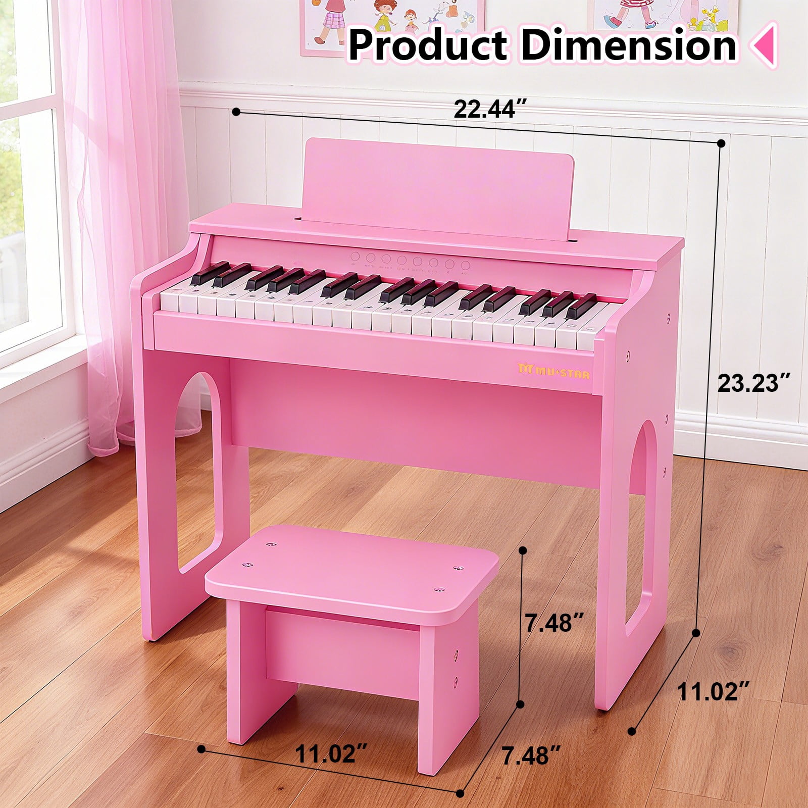 Pink 37Keys Kids Digital Piano Keyboards Wooden Toys Toddler Gifts for Music Education w/Bench,Stickers