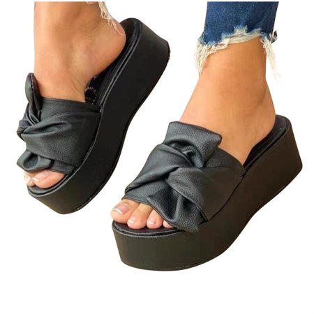 

PANOEGSN Summer Ladies Shoes Solid Color Thick Soled Sandals Casual Women Bow Shoes Slippers All-match