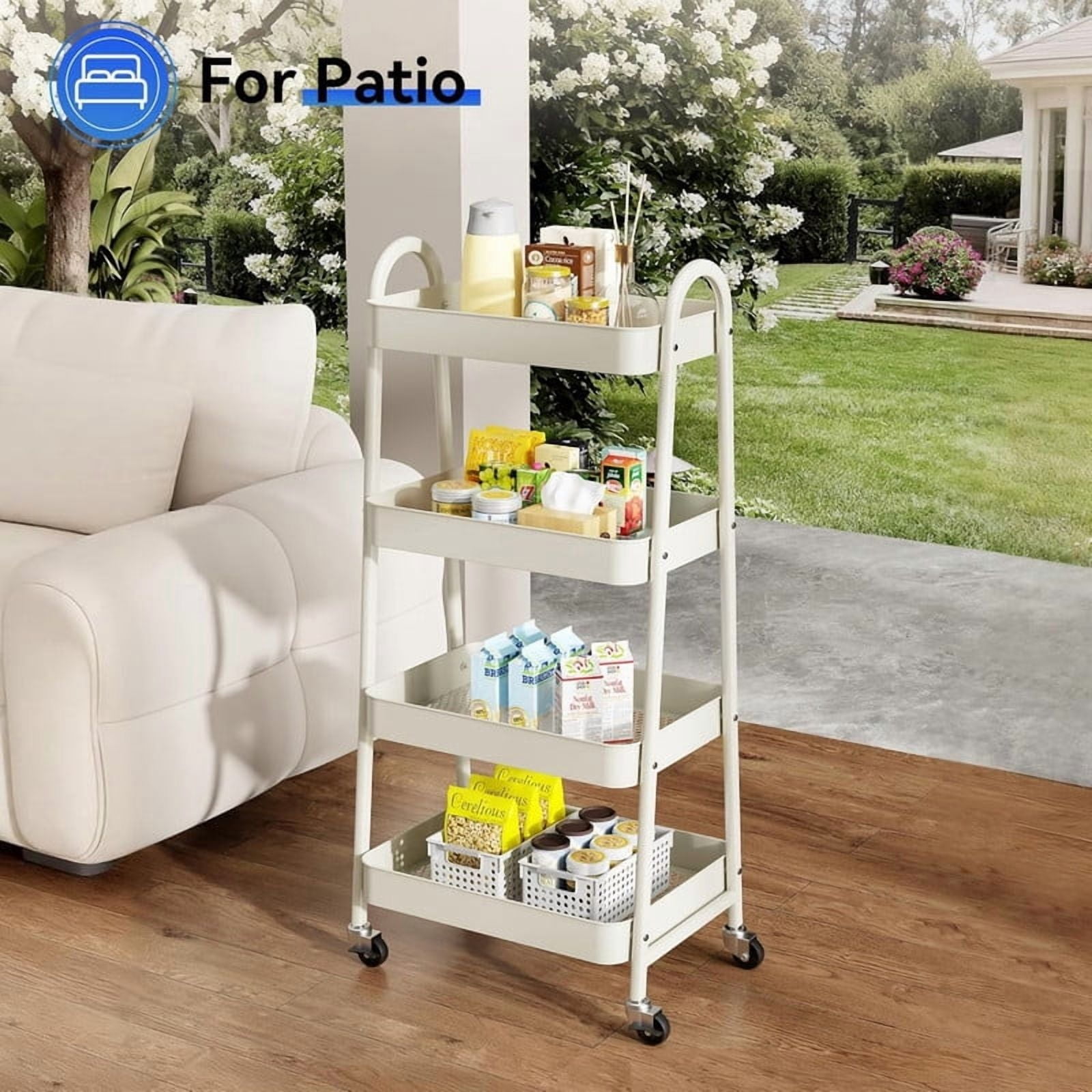 Kelno 4 Tier Rolling Cart Metal Utility Storage Cart Mobile Storage Organizer with Lockable Wheels,White
