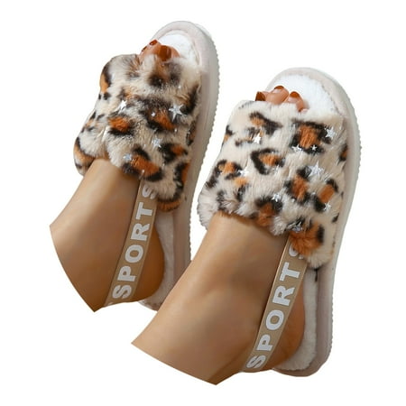 Mepaouo Back Strap Leopard Fuzzy Slippers Open Toe House Slide Sandals Indoor Spa Bedroom Flat Shoes