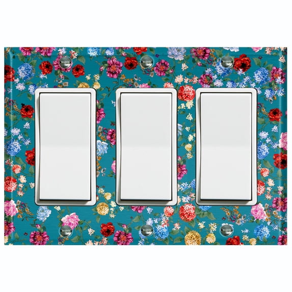 Metal Light Switch Plate Outlet Cover Colorful Floral Garden Wallpaper Teal ROS036