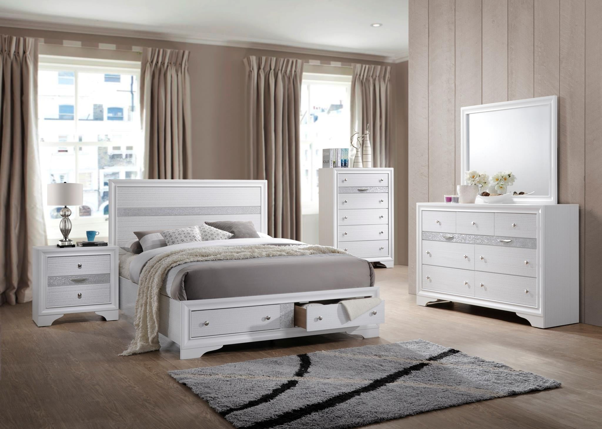 Modern White Color Bedroom Set King Bed Dresser Mirror ...