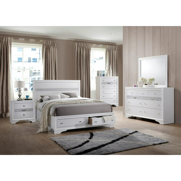 Modern White Color Bedroom Set Queen Bed Dresser Mirror Nightstand ...
