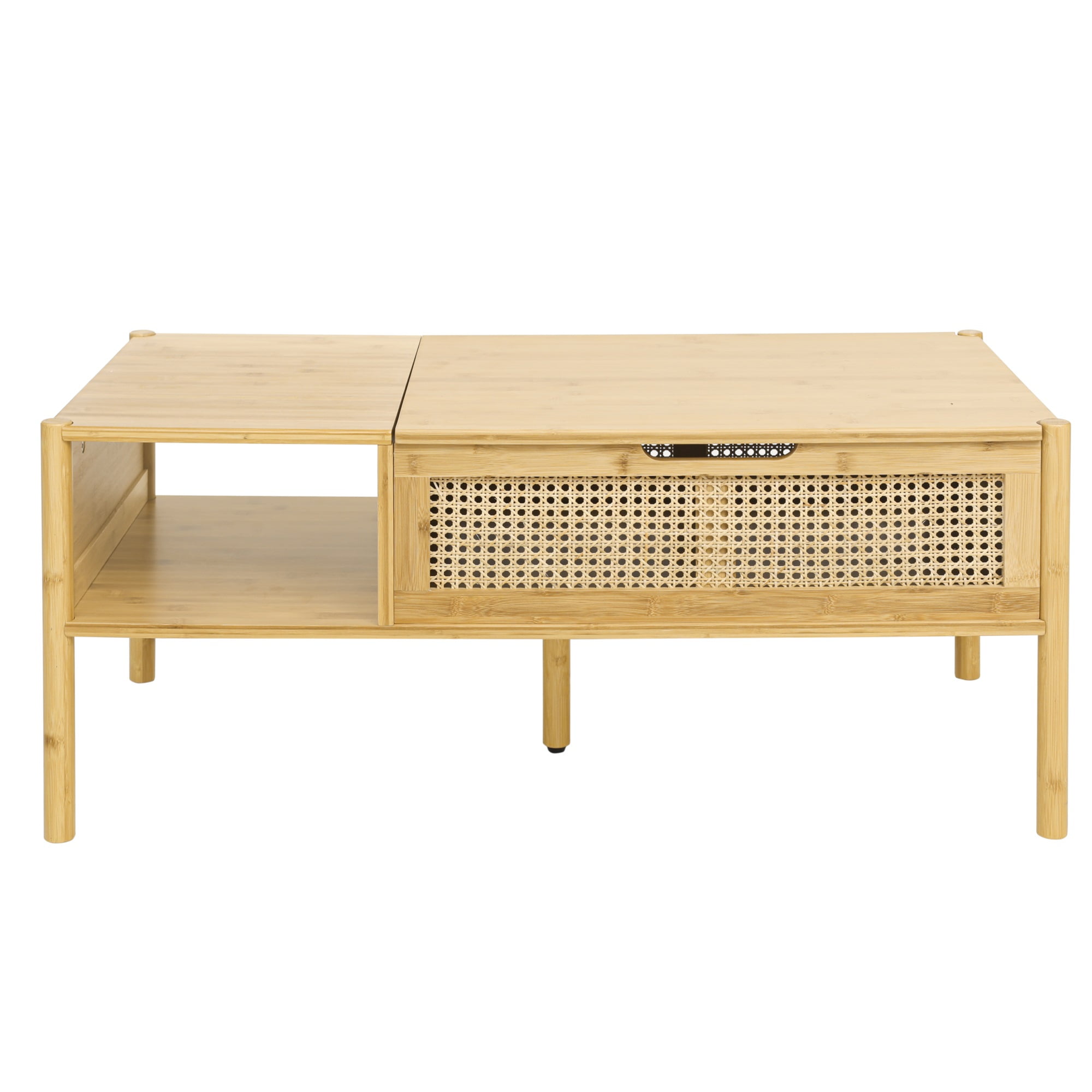 Resenkos Natural Bamboo and Rattan Coffee Table with Lift Topand Storage, Living Room Dining Center Tables Oak Finish