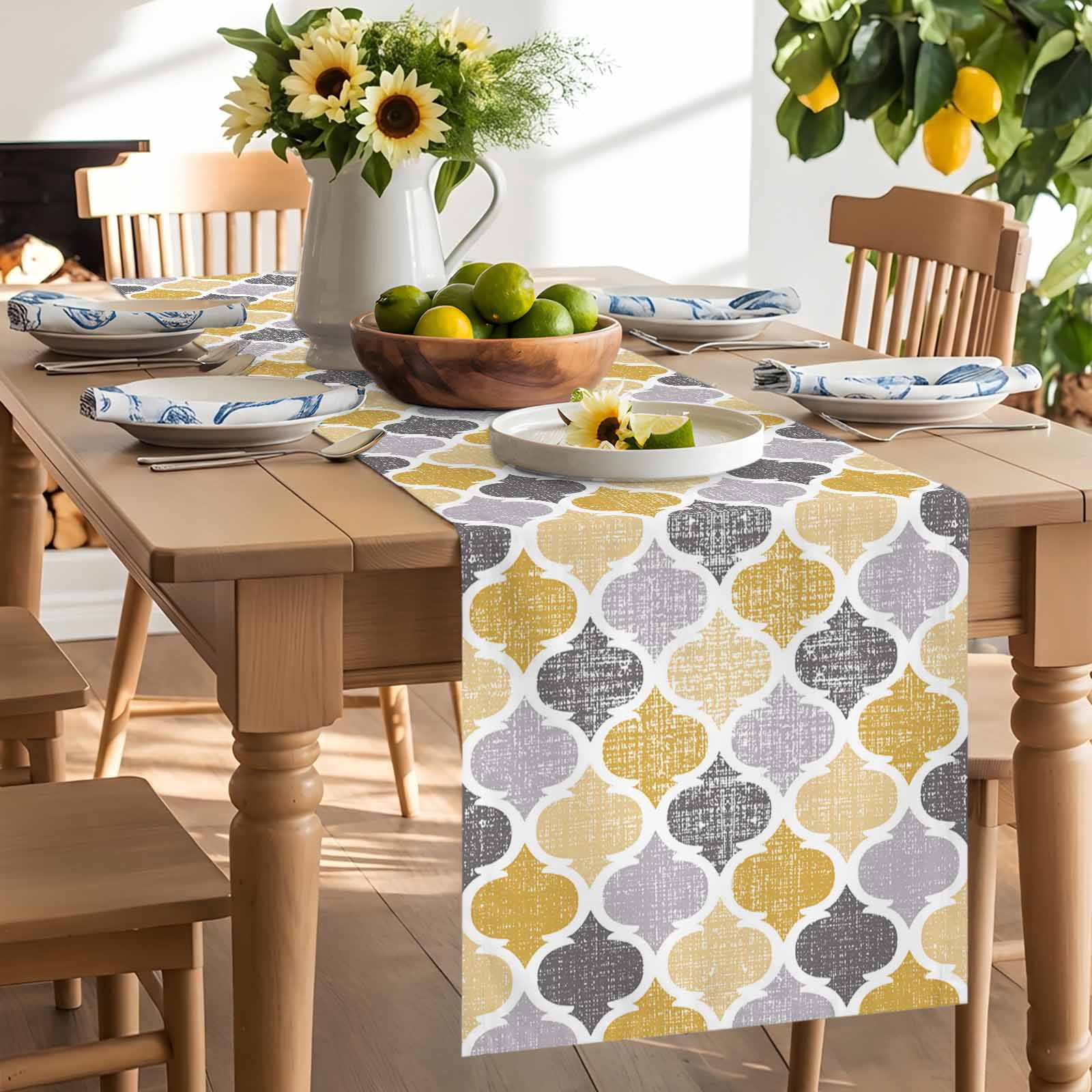 Yellow Grey Retro Moroccan Pattern Table Runner 90 Inches Long, Abstract Geometric Art Table Runners Tabletop Scarf Kitchen Dining Tables Decoration for Home Party Indoor Outdoor