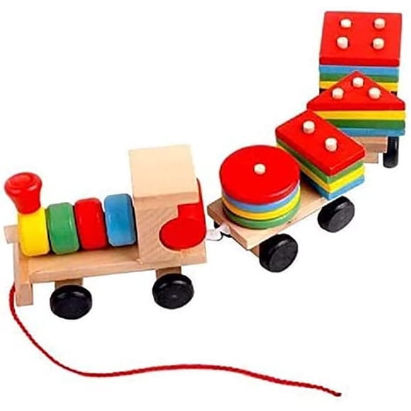 DEBGFS 15.5 Inches Wooden Train Toddler Toys  Shape Sorter and Stacking Wooden Toys  Puzzle Toys for 1 2 3 Year Old Boys Girls  Preschool Educational Toys  for Kids