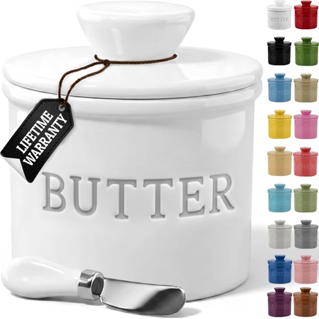 PriorityChef - Vajilla de mantequilla francesa para mostrador con línea de agua, mantequilla untable bajo demanda, manteca de cerámica para dejar en la encimera, blanco
