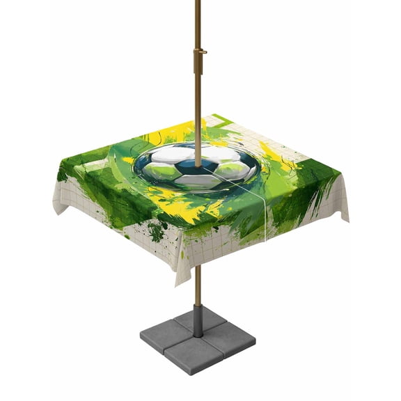 Square Outdoor Tablecloth with Umbrella Hole Green Yellow Soccer Table Cloth Waterproof Patio Table Cover Football Sports Watercolor Plaid Zipper Tablecloths for Picnic Party Camping 60x60 Inch