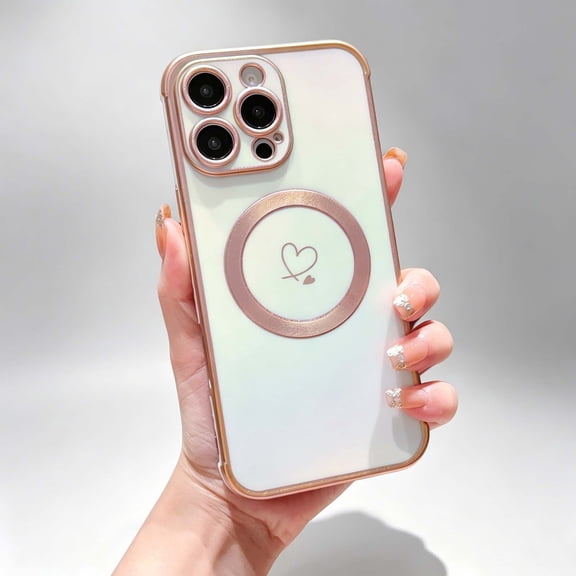 For iPhone 16 Pro Phone Case,Luxury Colorful Dazzling Gradient Back Design,Electroplated Frame,Double Heart Pattern,Fit For Mag-Safe,Shockproof Non-Slip Durable Phone Case,White