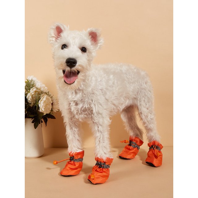 1set/4pcs Fleece Pet Shoes With Reflective Strip, Suitable For Keeping Pets Warm And Clean In Autumn And Winter