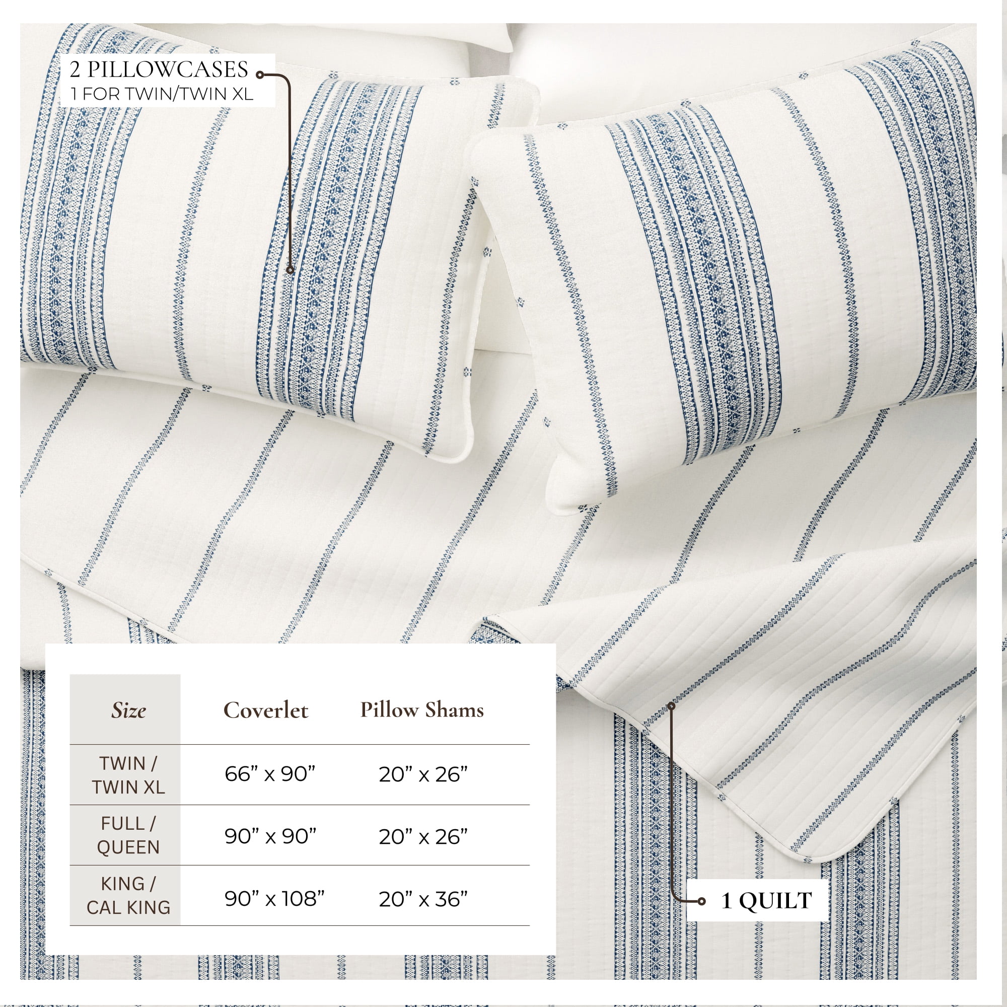 Striped Quilt Set - Lightweight, Soft, All-Season - 3-Piece Reversible Farmhouse Bedding Set (King / California King, Cream / Navy)