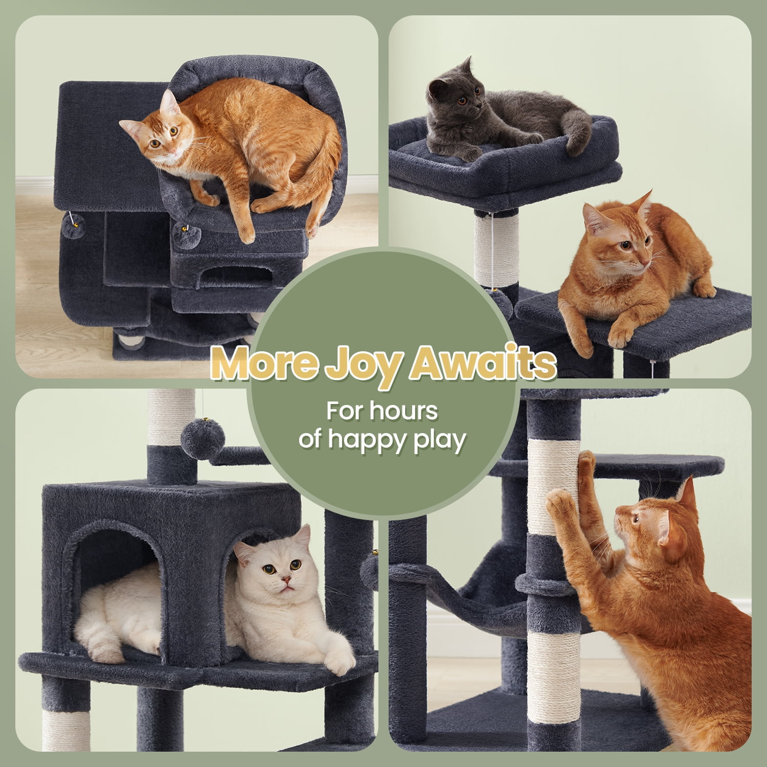 44.1' Cat Tree Tower for Indoor Cats ,Multi-Level Cat Condo Cat Furniture with Scratching Posts, Perches, Hammock, Cave , Smoky Gray