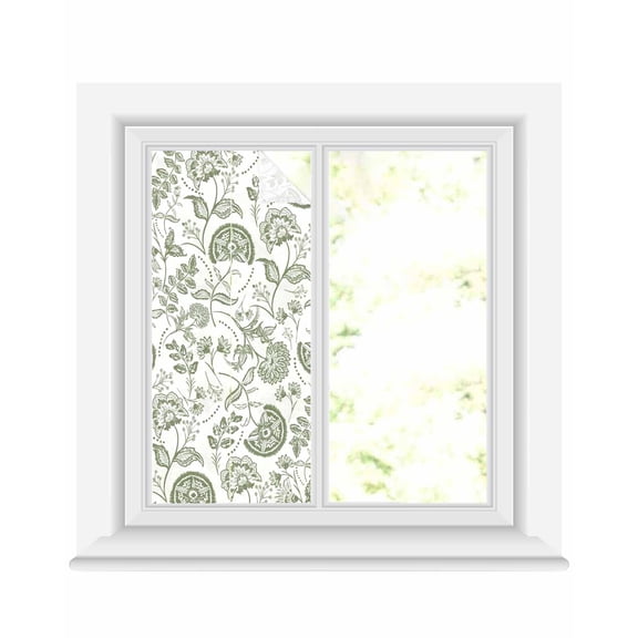 Window Privacy Film Boho Sage Green Floral Stained Glass Window Film Decorative Sun Block Window Cover Vintage Farmhouse Paisley Plant Window Clings Static Adhesive Sticker for Bathroom 17.7"x39.3"