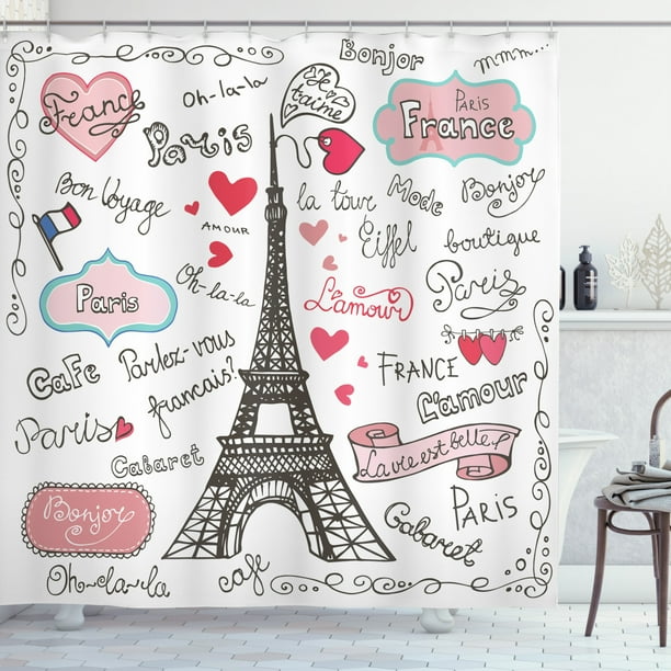 Eiffel Tower Shower Curtain, Paris Symbols Lettering Heart Shapes Flag
