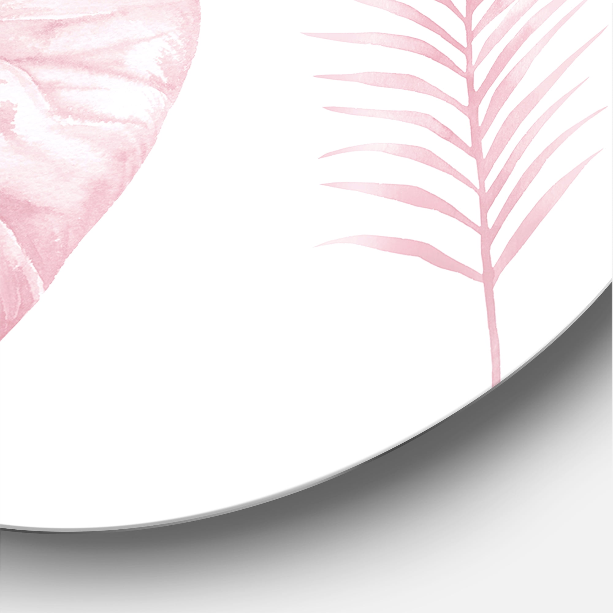 Designart 'Tropical Pink Watercolour Leaves On White I' Shabby Chic Circle Metal Wall Art 23x23 - Disc of 23