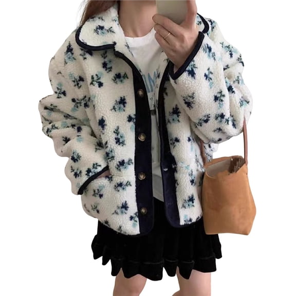 Womens Print Fleece Jacket Snap Button Winter Teddy Fleece Jacket Casual Faux Fur Outwear Dark Blue One size