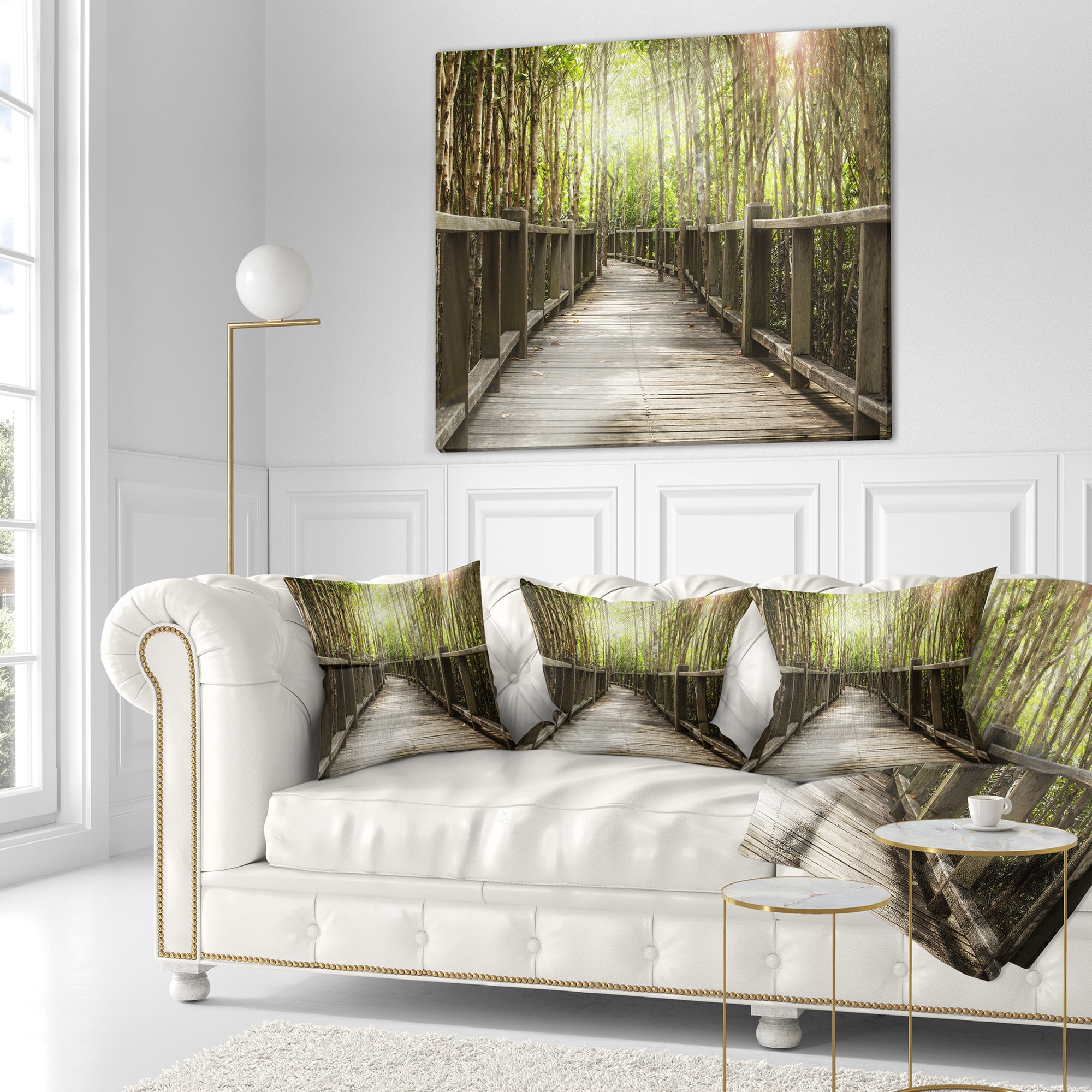 Designart Wooden Bridge in Forest - Landscape Photography Throw Pillow - 16x16