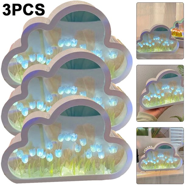 Lámpara Espejo Bsvklp Nocturna Tulipán Y Nube Material Artesanal Azul 3 Uds