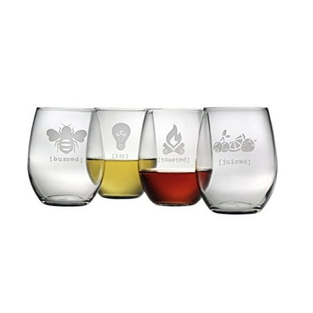 Set 4 Etched Wine Glasses Fun Tipsy Collection Sand Etched Stemless Wine Glasses (Set of 4) Juiced Lit Buzzed Toasted Cherries, Lemon, Strawberry, Bee, Li ()