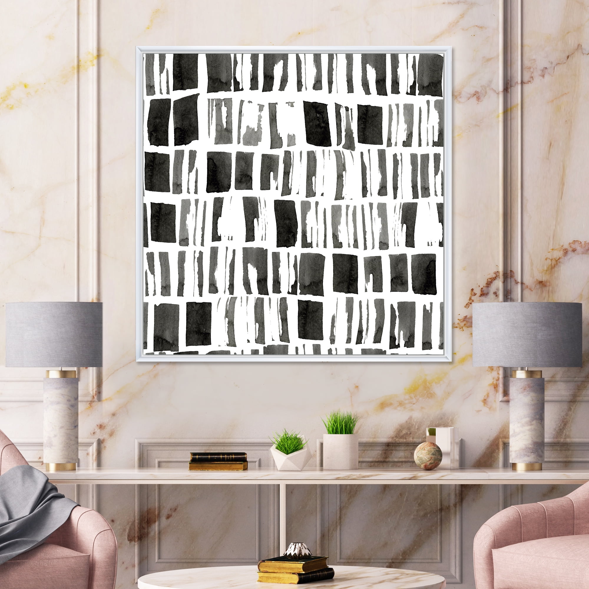 Designart 'Abstract Black and White Bricks' Modern Framed Canvas Wall Art Print