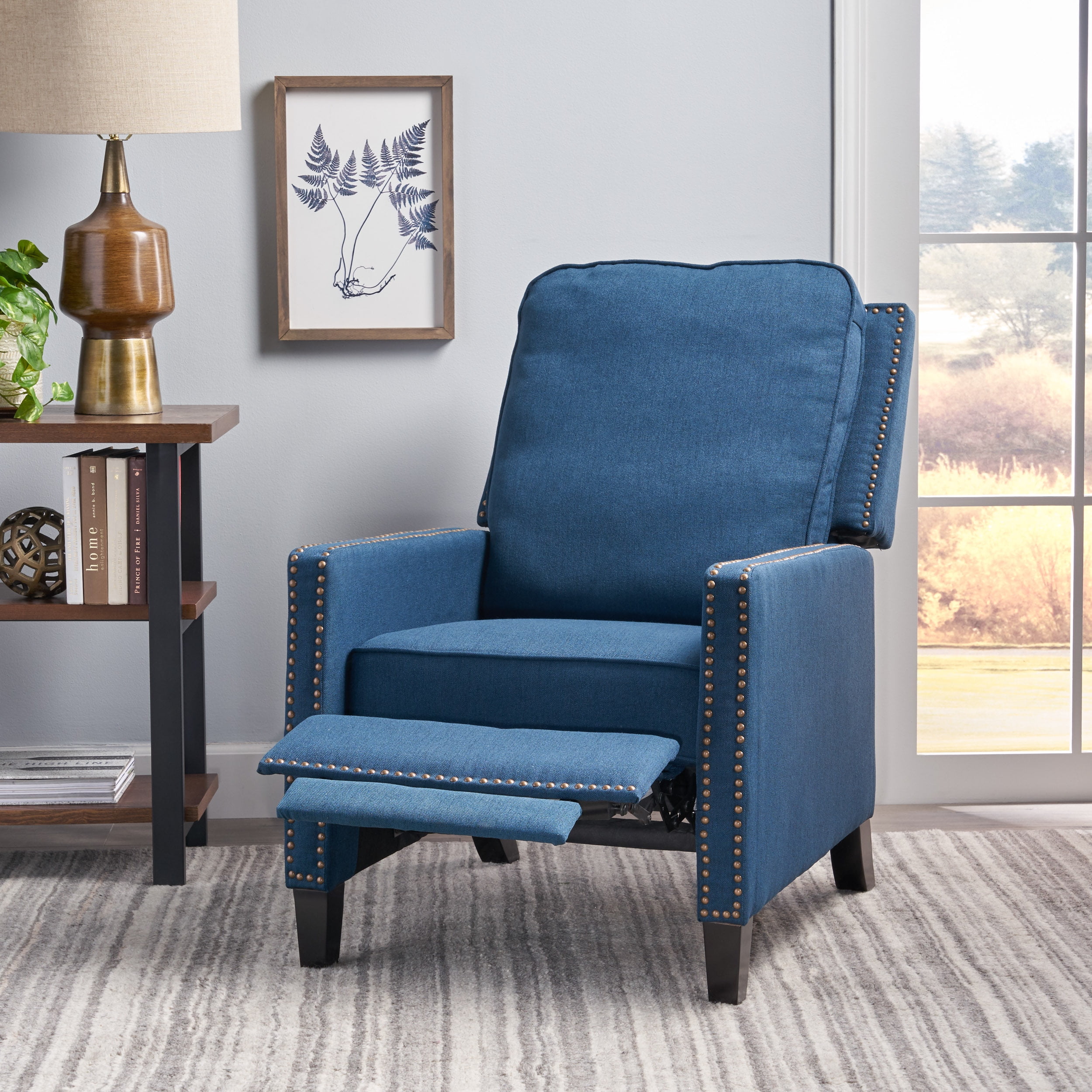Noble House Celia Traditional Fabric Recliner Navy Blue