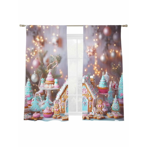 Candy Gingerbread Sheer Curtains 2 Panels Set, Christmas Tree Light Ball Cute Fantasy Window Sheer Curtains for Living Room/Bedroom, Light Filtering Rod Pocket Voile Drapes, 52" W x 72" L