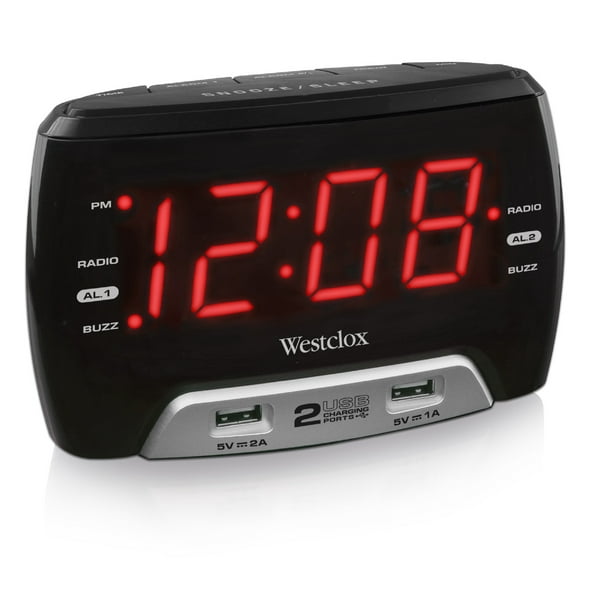 Westclox Large 1.4” LED Digital FM Clock Radio 2 USB Charging Port with
