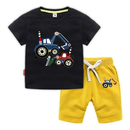 

Esaierr Boys Outfit Set Clothes for Kids Baby Short Sleeve T Shirt Top 1-8Years Boys Shorts with Pocket Cute Cartoon Excavato Summer Outfit 2Pcs Set