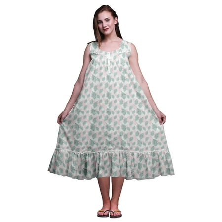 Bimba White26 Leaves Artistic Cotton Nightgowns For Women Mid-Calf Printed Sleepwear Night Dress Medium