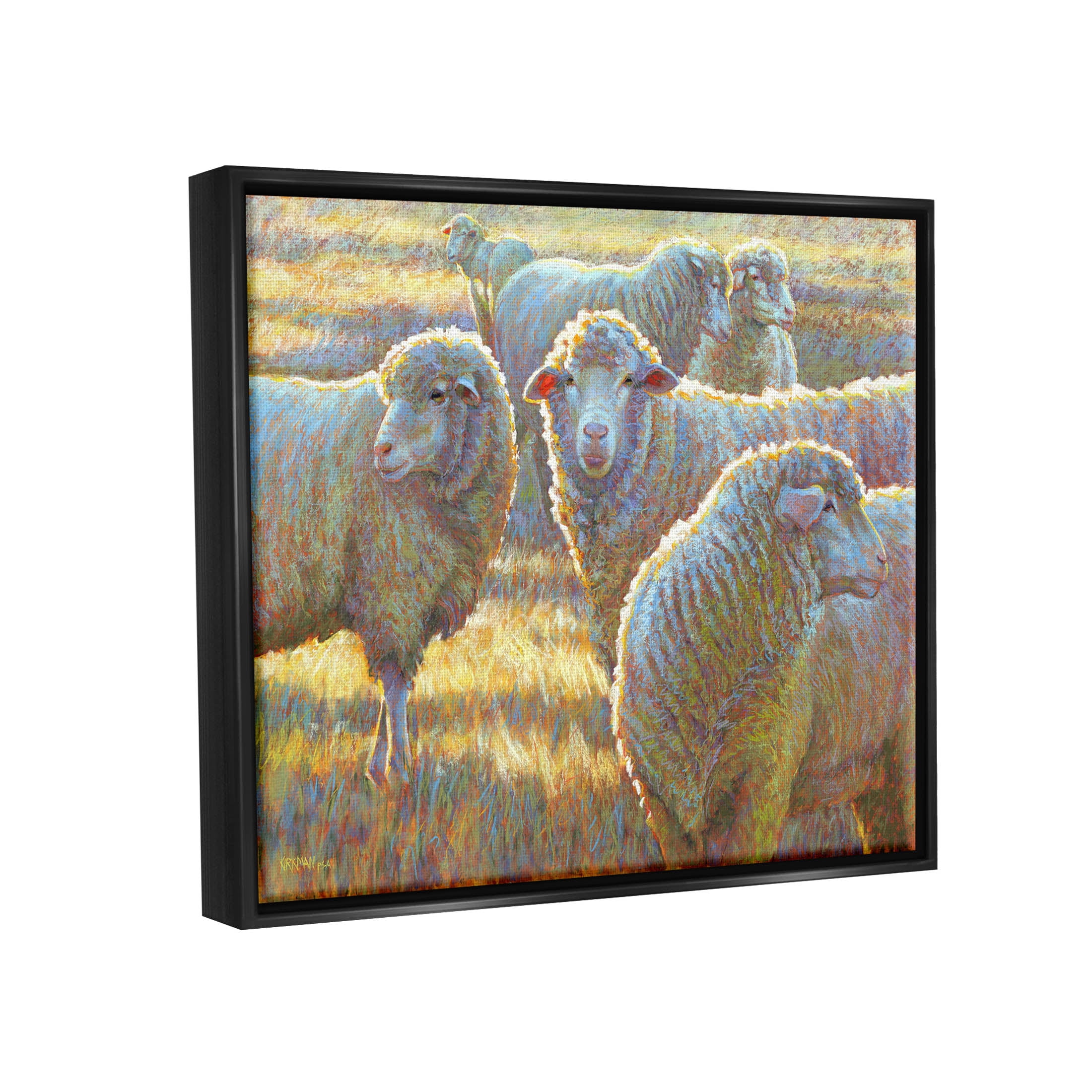 Sheep Herd Grazing Grassland Animals & Insects Painting Jet Black Framed Art Print Wall Art
