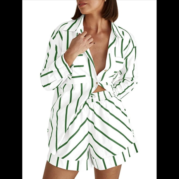 Conjuntos de Dos Piezas A Rayas para Mujer: Camisas Abotonadas y Pantalones Cortos, Conjuntos de Estar por Casa A Juego. Verde S